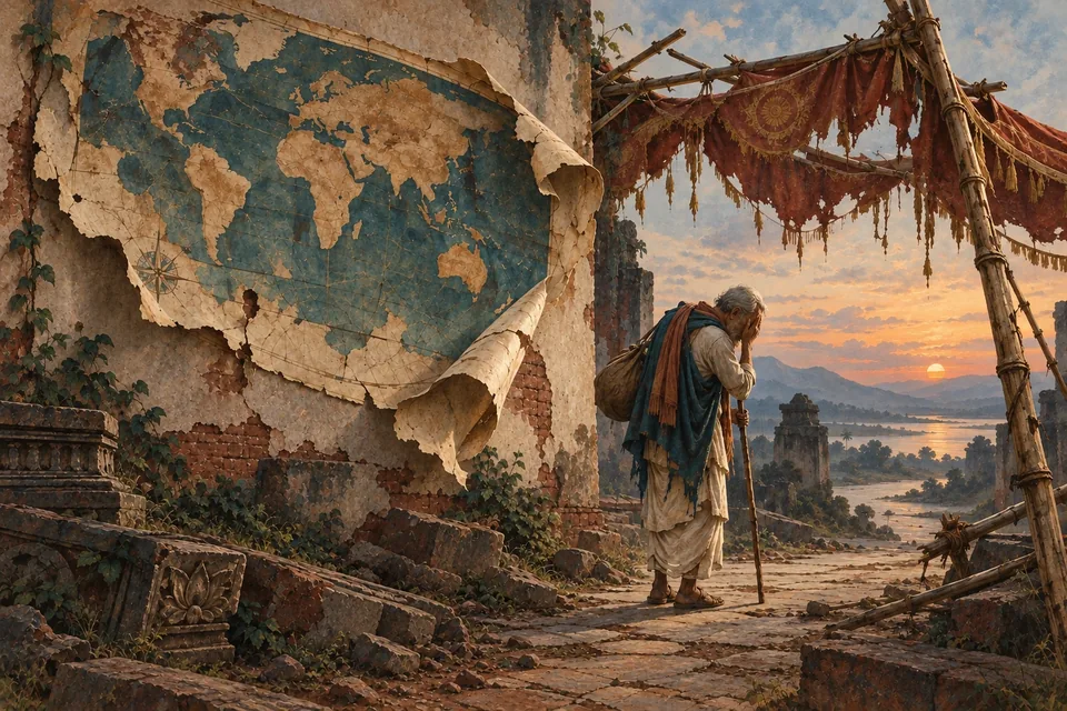 A once-grand unlettered world map curls off a cracked wall.