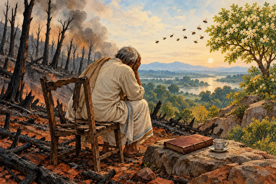 An older man sits with head in hands on a broken wooden chair at the edge of a burnt, silent grove.