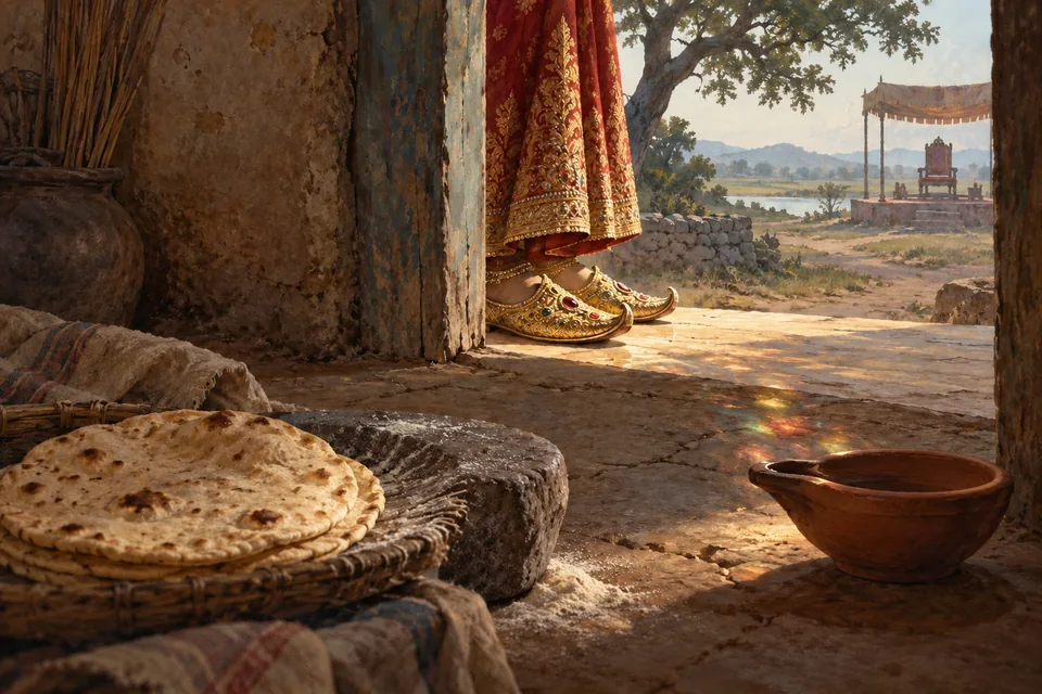 Bright jewelled slippers stop at a poor household's threshold, their reflected light falling across an unlit clay lamp.