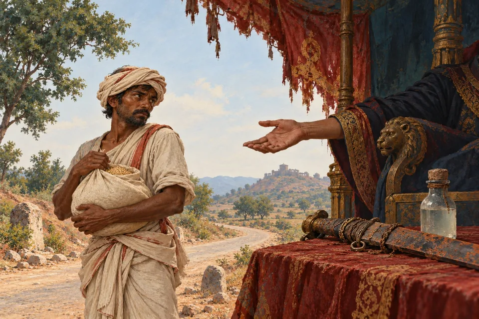 A plain cloth pouch of grain is held by a working adult at a dusty roadside.