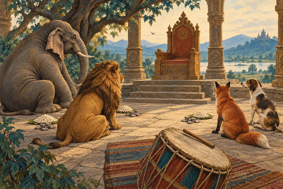 An allegorical animal court: a calm elephant, lion, fox and dog sit in a semicircle facing an empty raised chair.