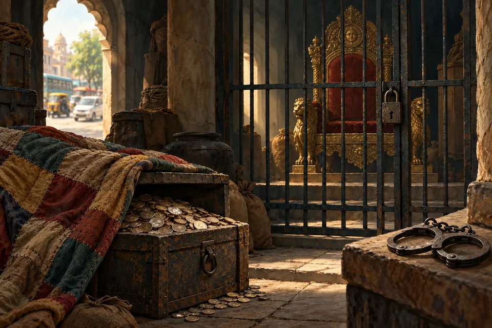 An ornate empty state chair stands behind a locked iron grille in a dim storehouse.