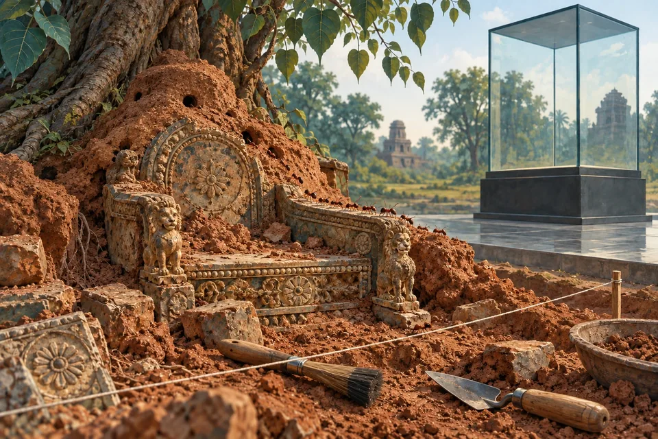 Archaeologists' brushes and measuring cord reveal a small ruined throne beneath an old anthill.
