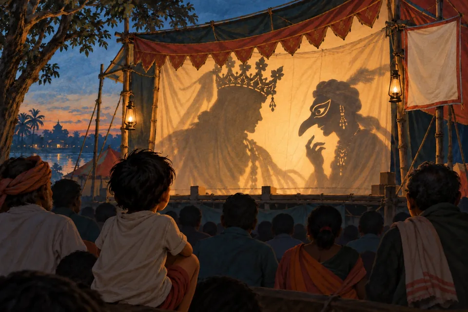 A child watches a traditional travelling theatre stage from the back of the audience.