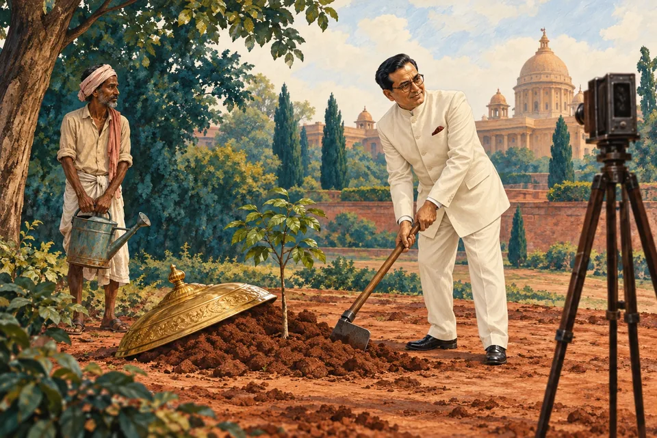 An formally dressed man carefully poses with a hoe beside a tiny sapling for an old camera on a tripod.