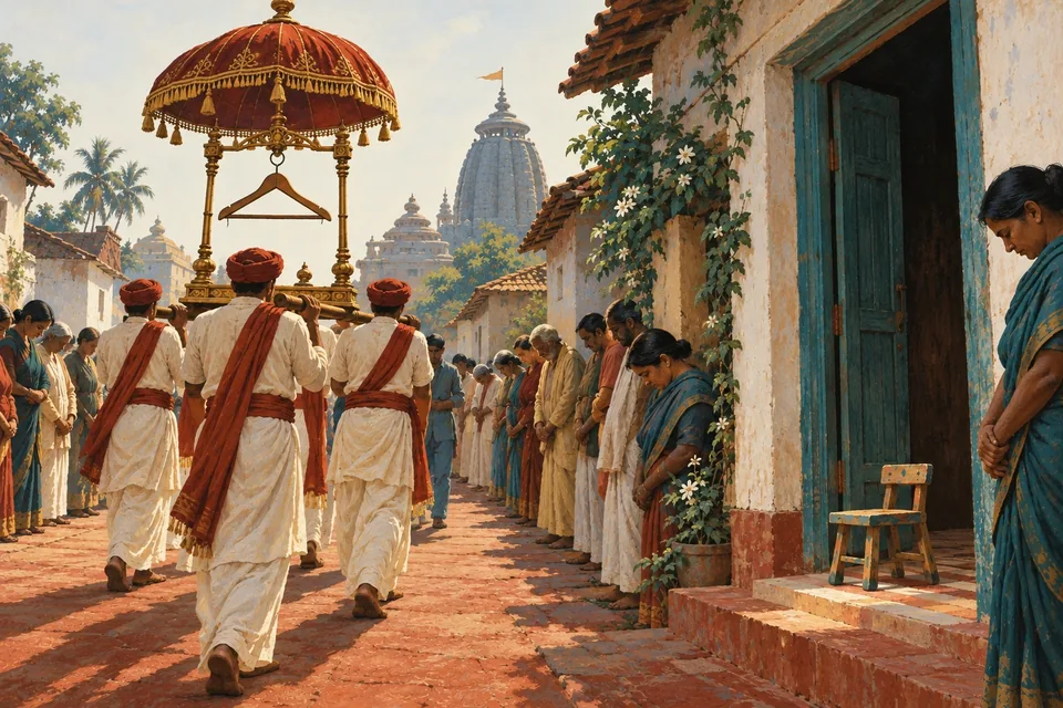 A ceremonial empty clothes-hanger is carried high beneath a royal umbrella through a street of adults looking downward.