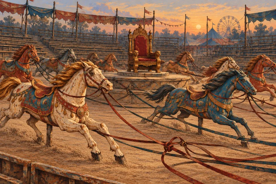 Several riderless wooden carousel horses race in a circle around a single empty throne on a dusty fairground.